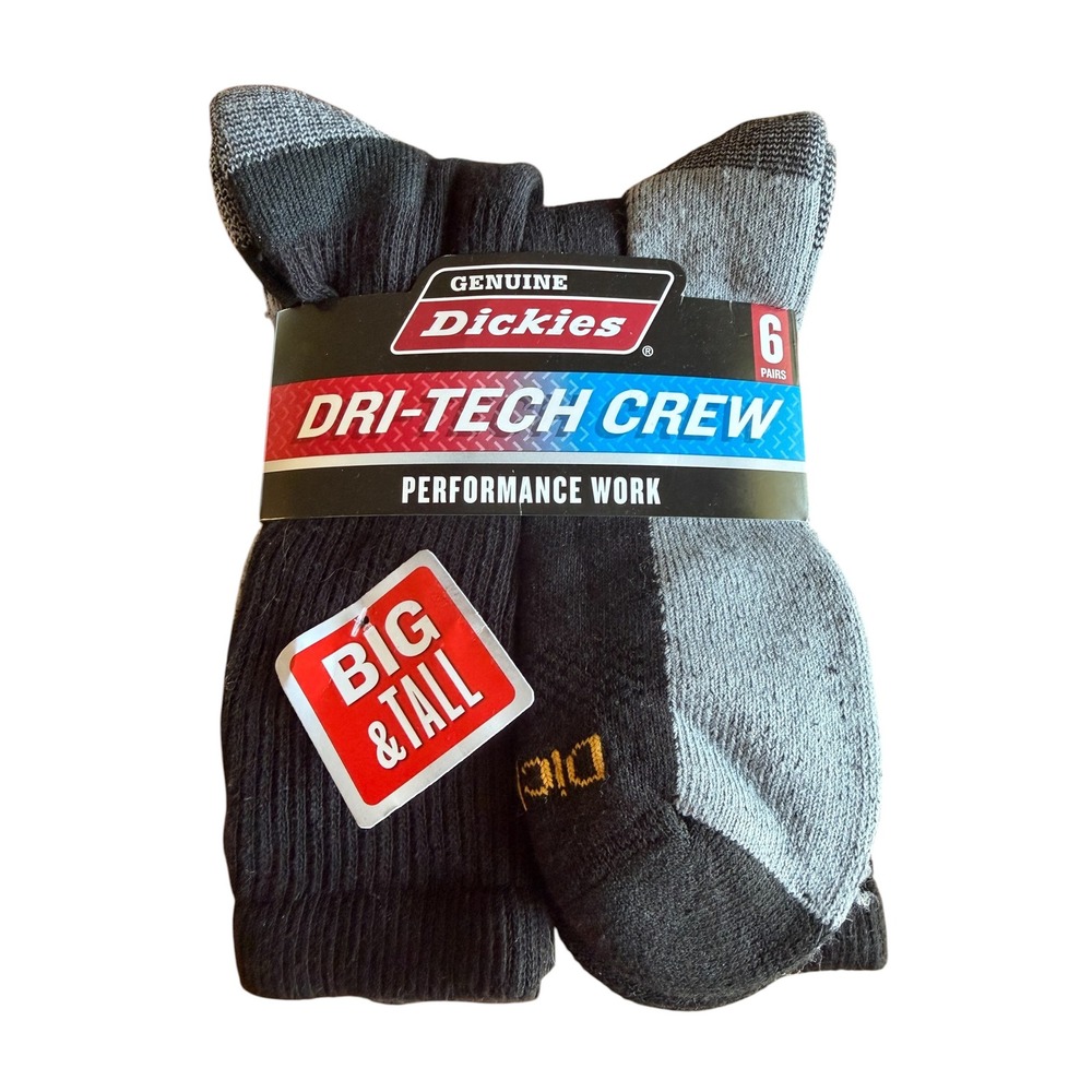 Dickies Dri-Tech Crew Socks Mens 12-15 Black Grey NWT 6-Pack Big & Tall Work